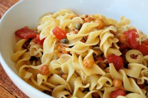Pasta with Fried Chickpeas, Tomatoes, Olives and Capers